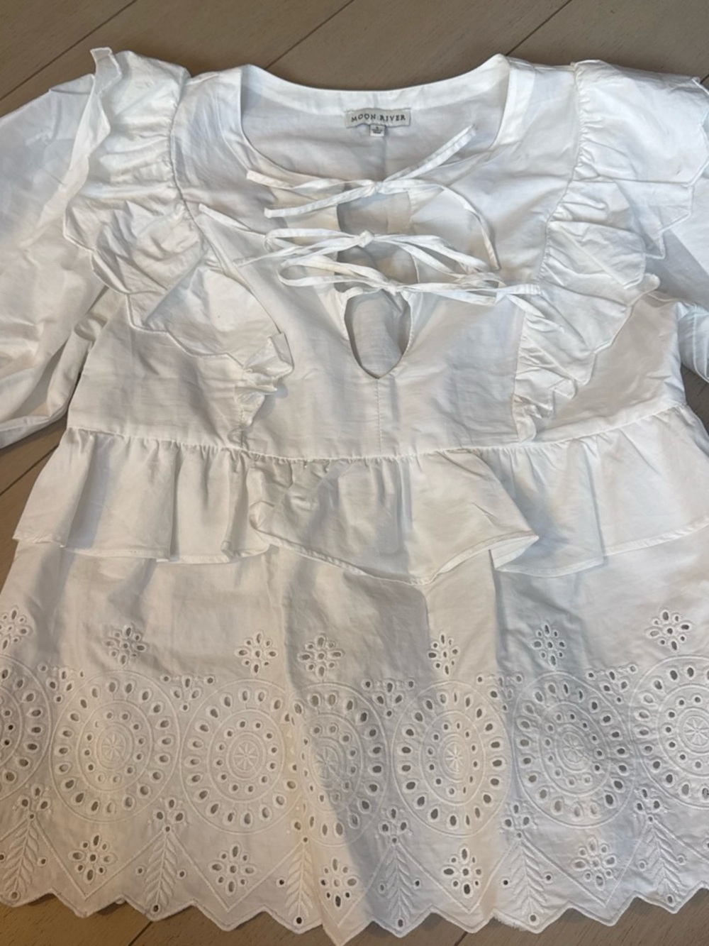 Moon River White Eyelet Peplum Blouse with Ruffle & Lace-Up Neckline